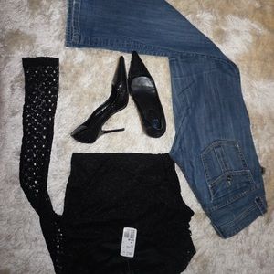 Jeans, black lace crop top, black sequin shoes